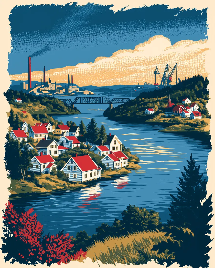 Plakat i 50-tallsstil av elva, trehus og fabrikkpiper på Herøya